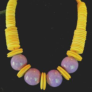 Elegant 80s Purple Ceramic and Wood Disc STATEMENT Necklace